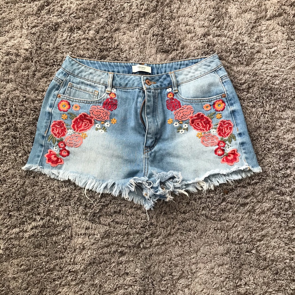 Forever 21 Floral Embroidered Denim Shorts